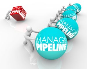Manage Pipeline words on balls pushed by winning business people and one person struggling by ignoring his sales pipeline and losing customers